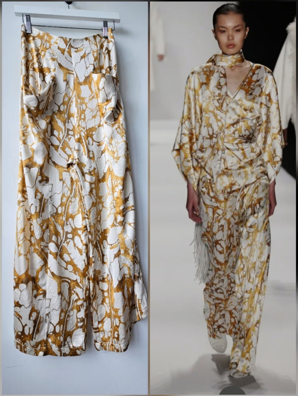 Thomas Wylde Silk Gold & White Marble Oil Pattern Abstract Fluid Motif Pants